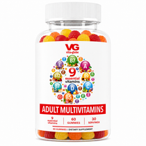 A clear plastic bottle of VG Vita-Globe Adult Multivitamins with a white cap and white label, filled with colorful gummy vitamins, on a white background.