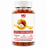 A bottle of VG Vita+Globe Apple Cider Vinegar dietary supplement gummies, featuring red gummies visible through a clear bottle with a white cap and a white label showing an apple graphic.