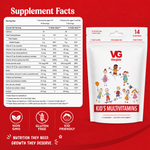 A package of VG Vita Globe Kid's Multivitamins gummies shown on a red and white infographic background. The package is white with red and black text, featuring a cartoon child illustration on the front.