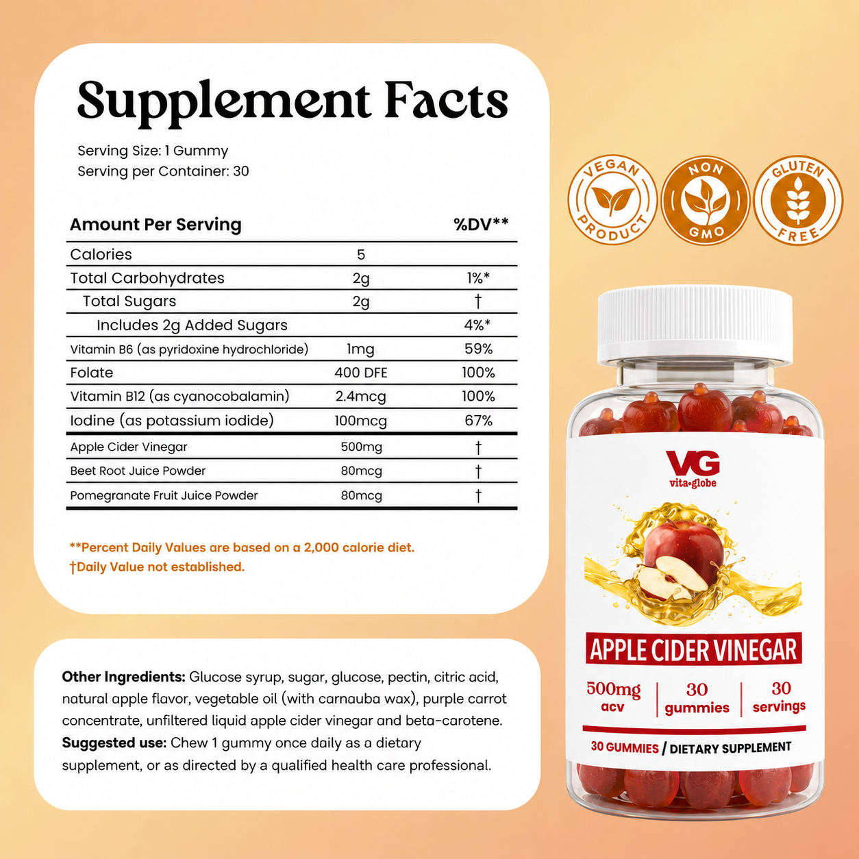 A supplement facts label and a bottle of VG Vitality Apple Cider Vinegar gummies on a peach background. The label includes serving size, calories, carbohydrates, sugars, vitamins, and other ingredients, with icons indicating 100% natural, non-GMO, and gluten-free.