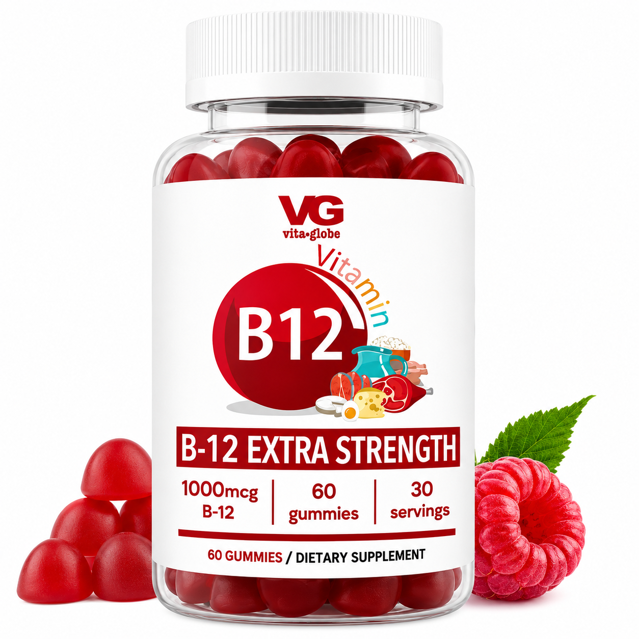 A bottle of Vita-Globe B12 Extra Strength dietary supplement gummies, shown with red gummy candies inside a clear bottle, accompanied by fresh raspberries and a green leaf on a white background.