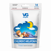 Vita-Globe Children's Melatonin gummies packaging with a child and teddy bear illustration.