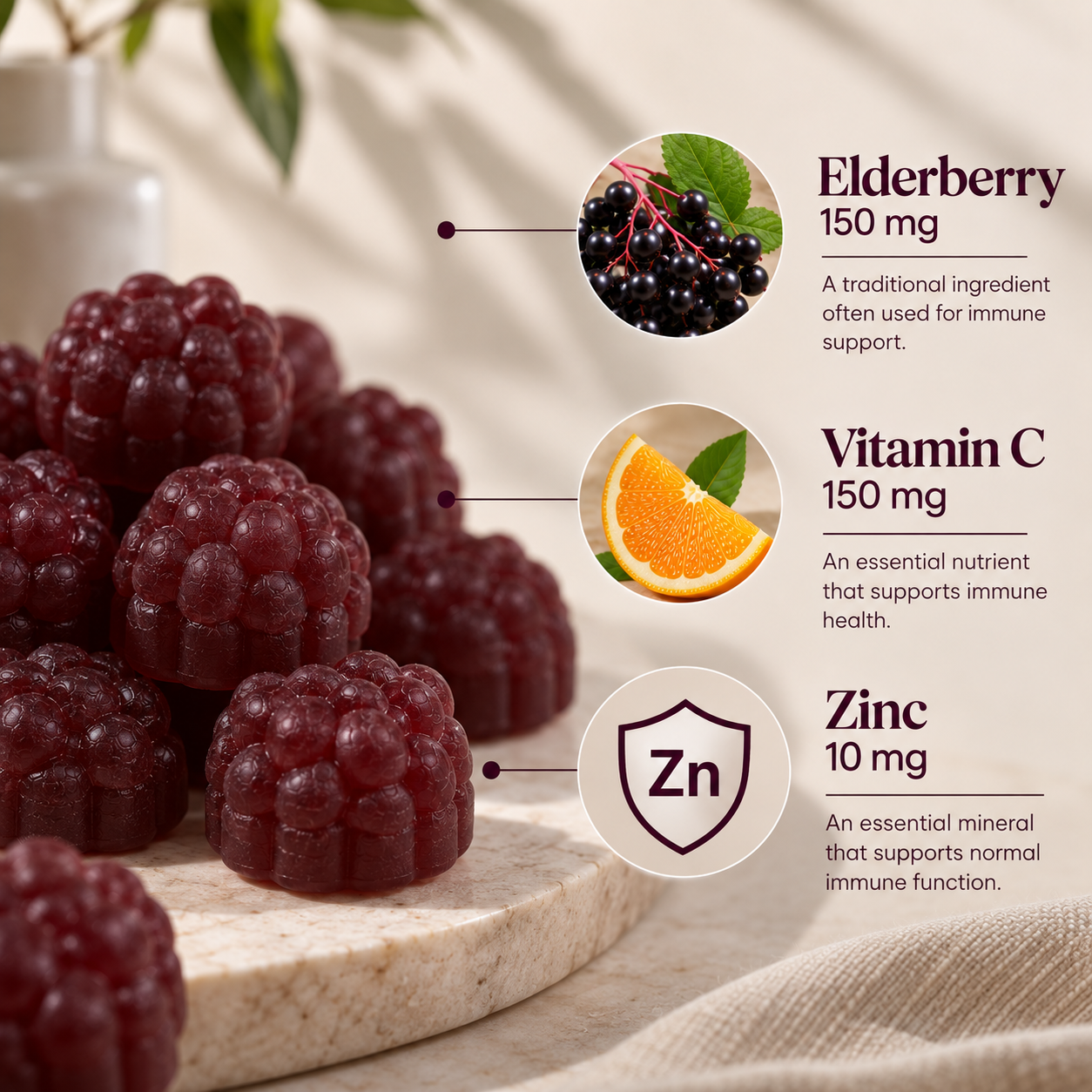 A styled product graphic showing a pile of dark red berry gummies on a marble slab, with ingredient callouts for elderberry, vitamin C, and zinc on a light beige background.