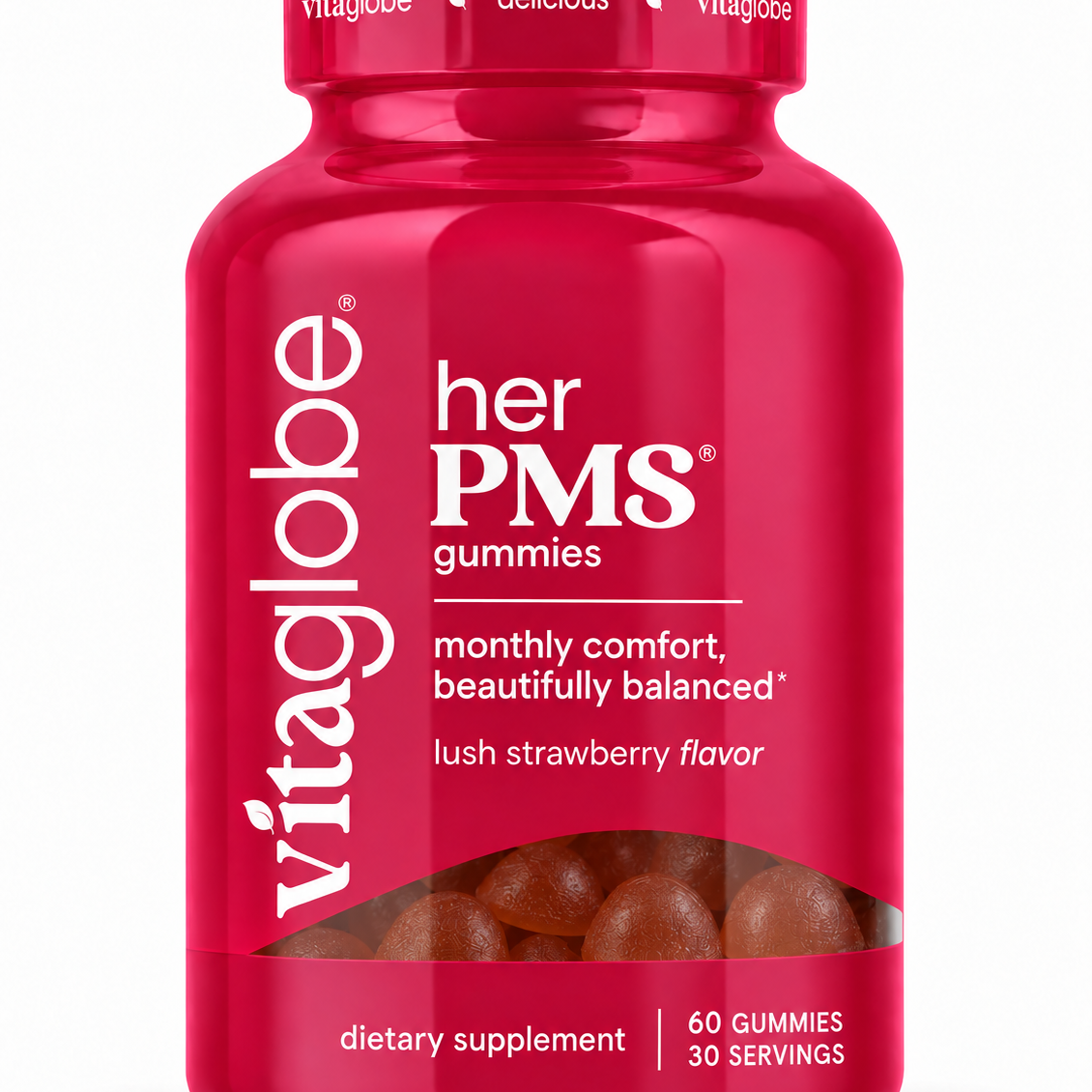 Vita Globe Her PMS Gummies bottle, lush strawberry flavor, 60 gummies — monthly comfort, beautifully balanced