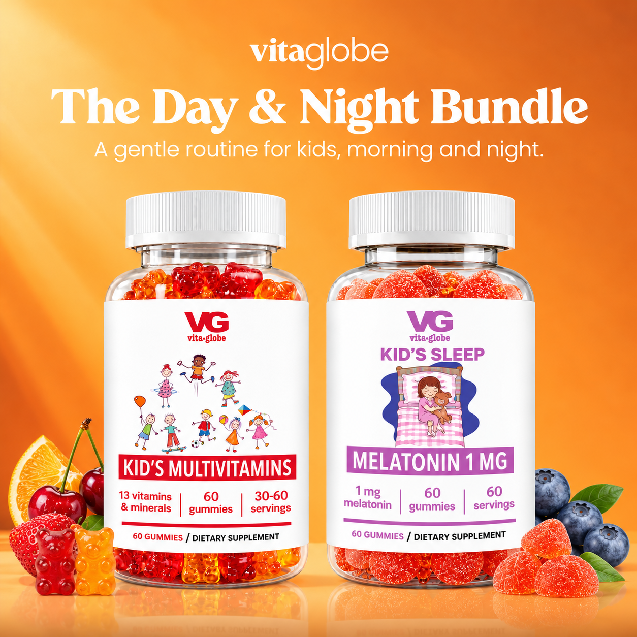 Two Vitaglobe dietary supplement bottles labeled Kid's Multivitamins and Melatonin 1 MG, shown as part of a Day & Night Bundle on an orange background with fruit props.
