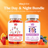 Two Vitaglobe dietary supplement bottles labeled Kid's Multivitamins and Melatonin 1 MG, shown as part of a Day & Night Bundle on an orange background with fruit props.