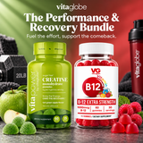 Vitaglobe B12 Extra Strength gummies and Creatine monohydrate gummies bundle, featuring a green bottle of creatine and a red-and-white bottle of B12 gummies, surrounded by gummy candies, an apple, raspberries, and a shaker bottle on a split green and red background.