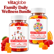 Two Vitaglobe supplement bottles on a white background: a Kid's Multivitamins bottle with colorful gummy bears and a strawberry, and an Adult Multivitamins bottle with assorted gummies and an orange slice. Large red text at the top reads 'Vitaglobe Family Daily Wellness Bundle'.