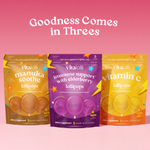 Goodness comes in threes: Vitalolli Manuka Soothe, Elderberry Immune Support and Vitamin C lollipop pouches