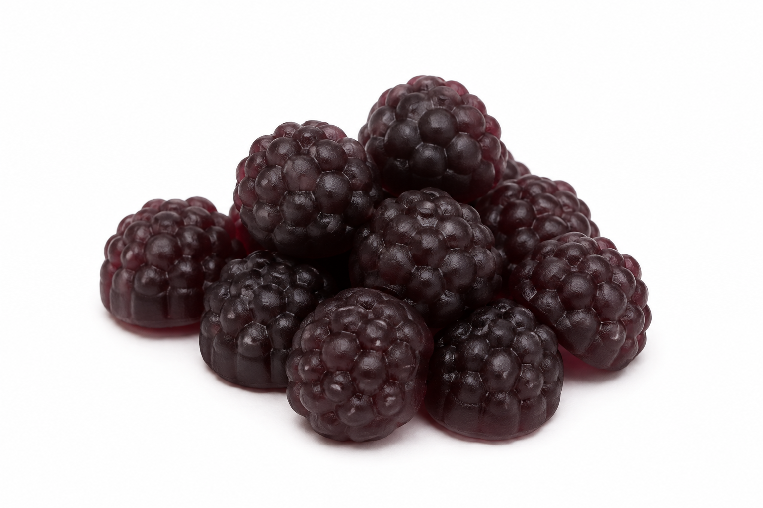 A pile of fresh, dark purple-black blackberries on a clean white background.