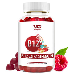 B12 supplement bottle with red gummies on a white background