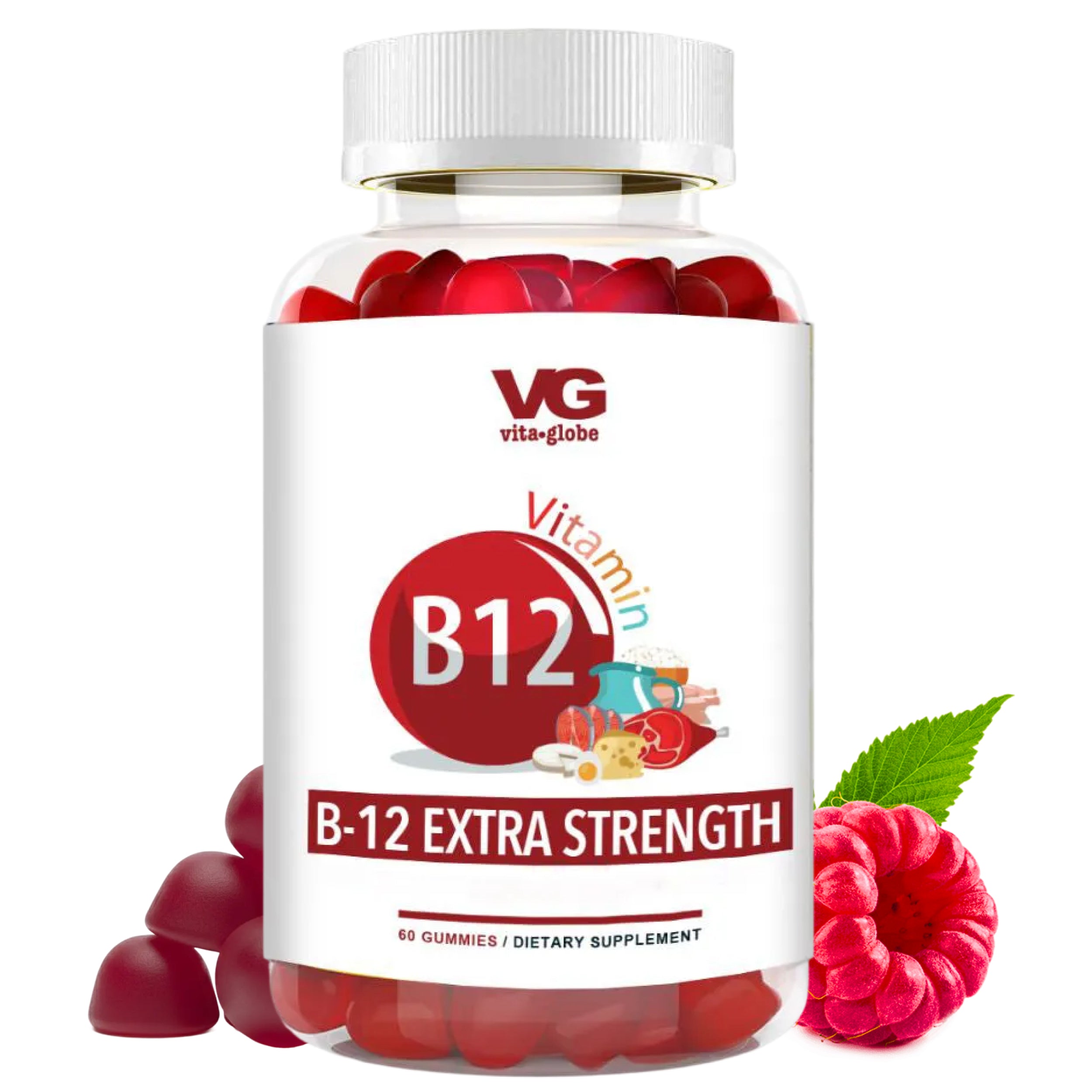 B12 supplement bottle with red gummies on a white background