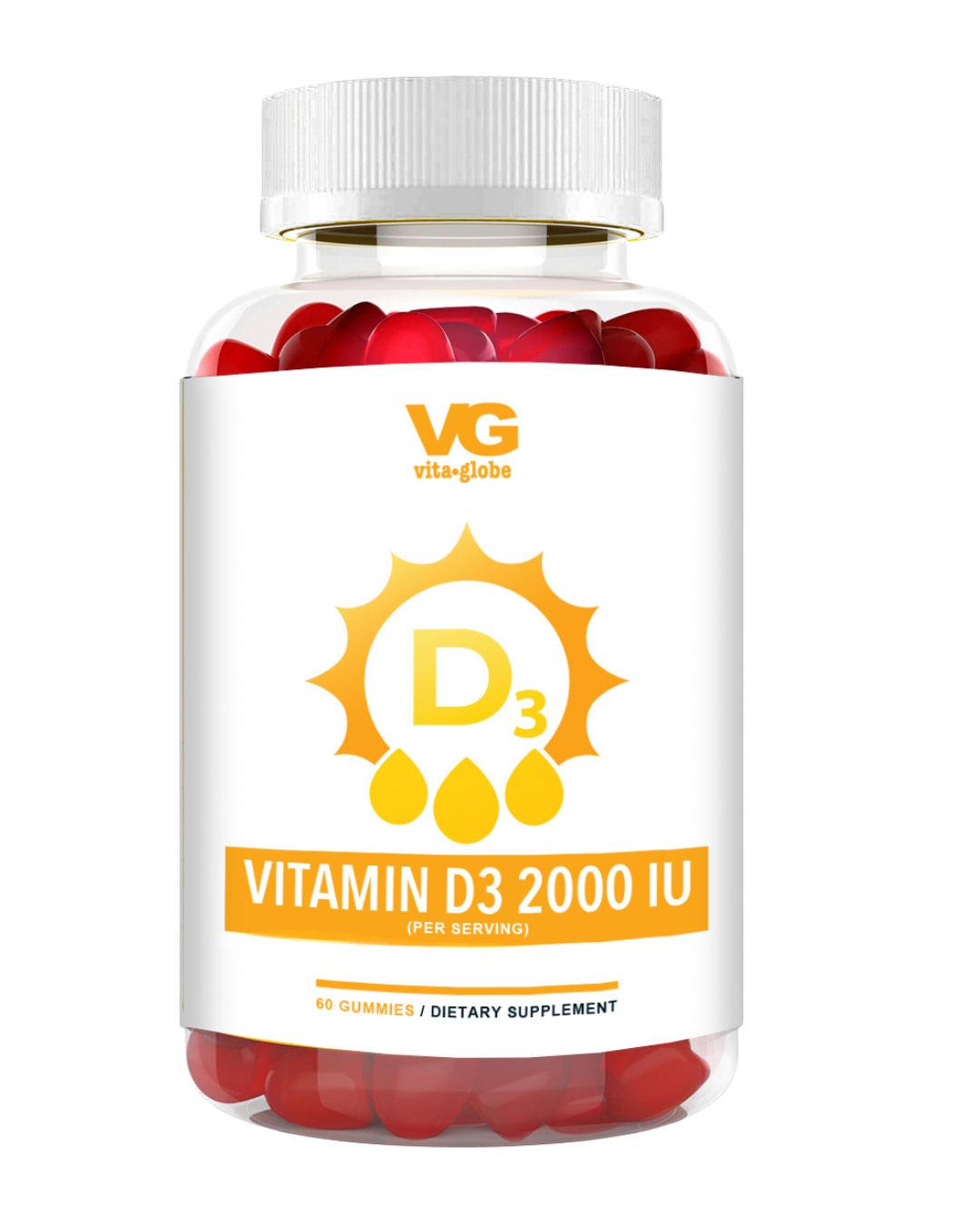 Vitamin D3 supplement bottle with red gummies on a white background