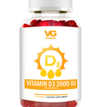 Vitamin D3 supplement bottle with red gummies on a white background