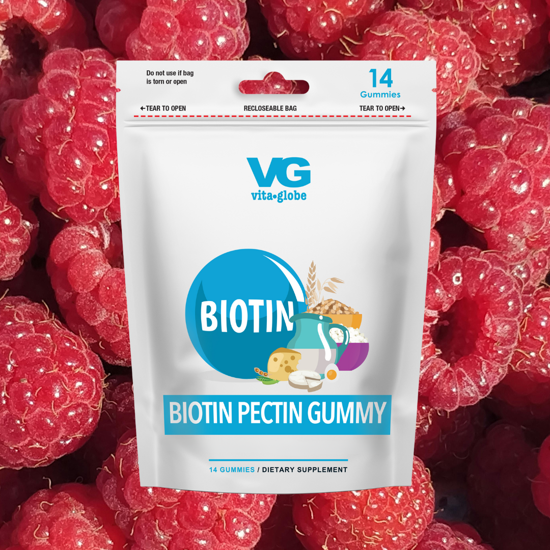 VitalGlobe Biotin Pectin Gummy package surrounded by raspberries