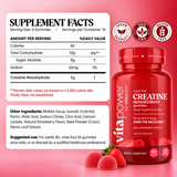 VitaPower Sugar-Free Creatine Gummies, Juicy Strawberry — Supplement Facts: 5g creatine monohydrate per 4-gummy serving, 15 servings; other ingredients and suggested use; vegan, non-GMO, gluten-free