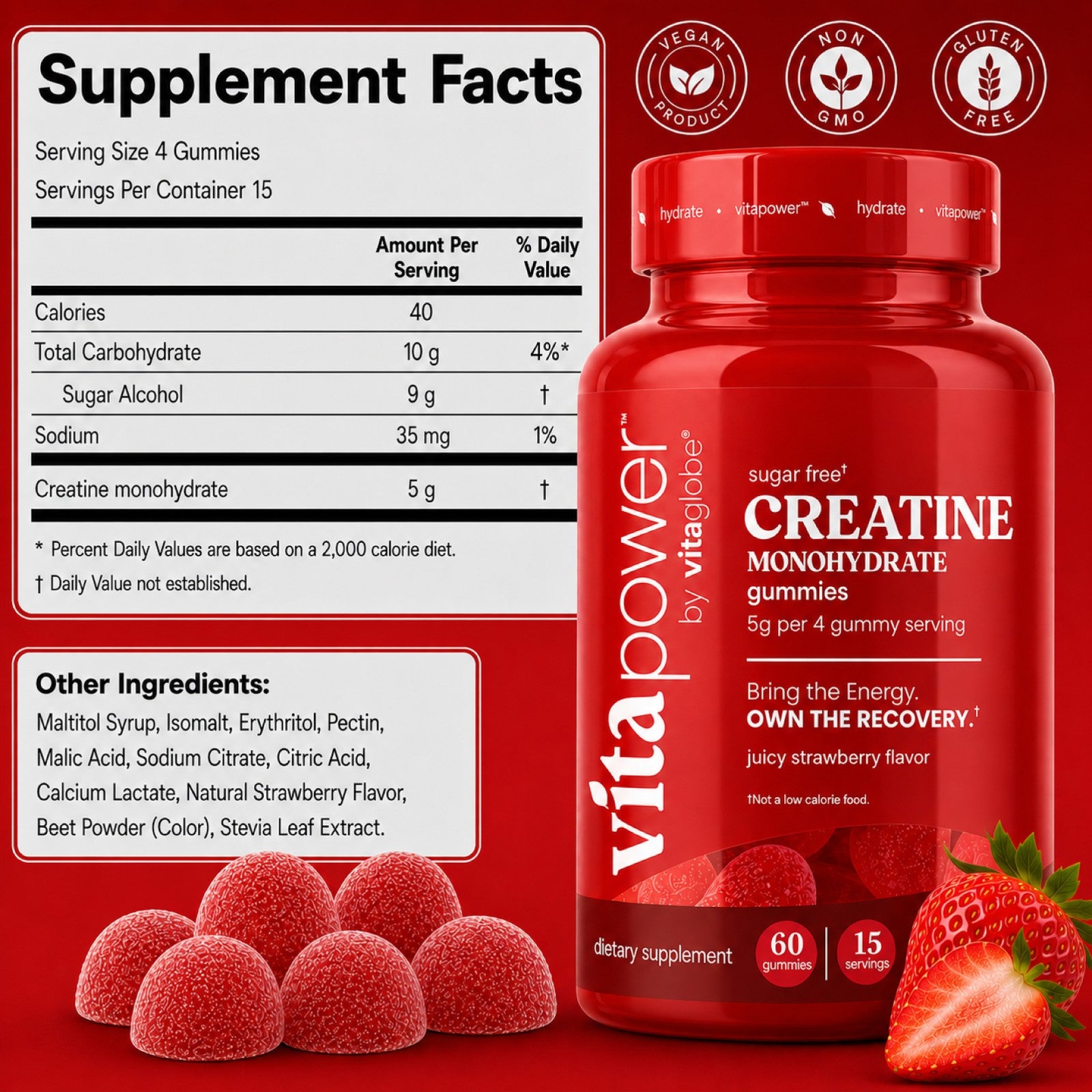 VitaPower Creatine Gummies Strawberry supplement facts