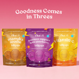 Goodness comes in threes: Vitalolli Manuka Soothe, Elderberry Immune Support and Vitamin C lollipop pouches