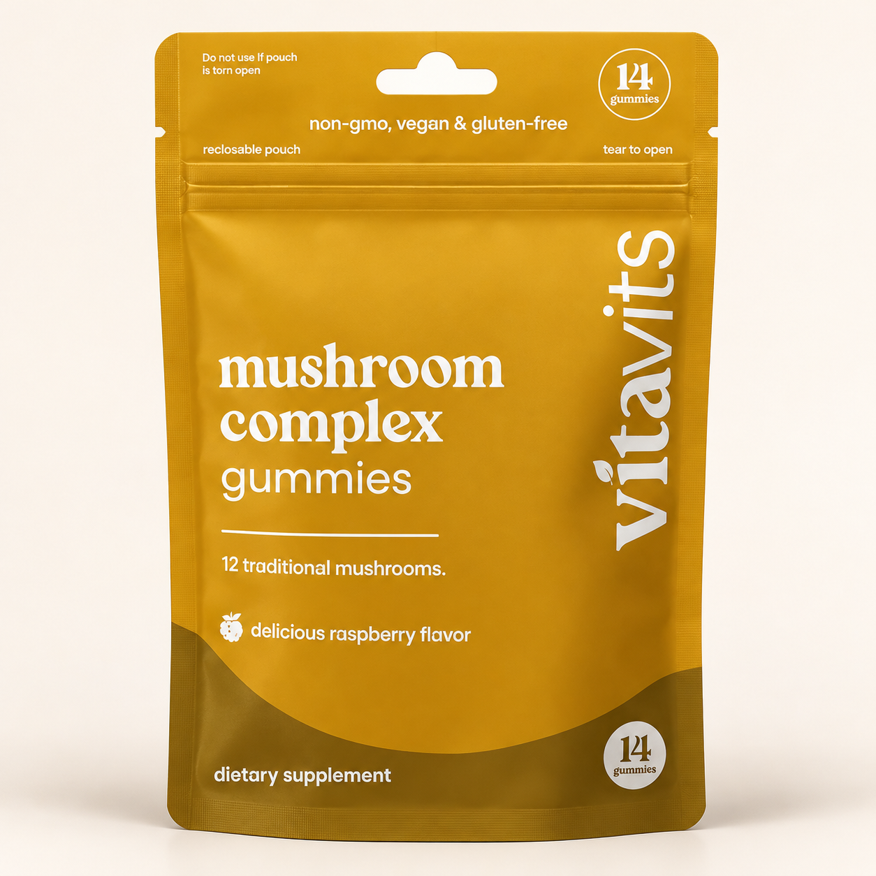 VitaVits Mushroom Complex Gummies 14-count resealable pouch, raspberry flavor, 12 traditional mushrooms, non-GMO, vegan and gluten-free