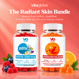 Two Vitaglobe supplement bottles labeled Biotin 5000 mg and Hydrolyzed Collagen gummies, shown with raspberries, blueberries, mint, and orange slices on a coral-pink background with promotional text.