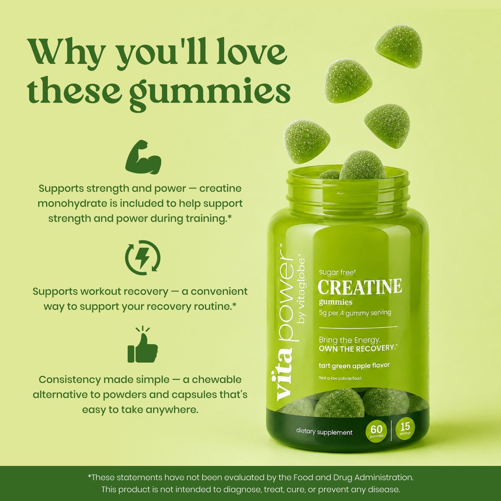 Why you'll love VitaPower Creatine Gummies Tart Green Apple