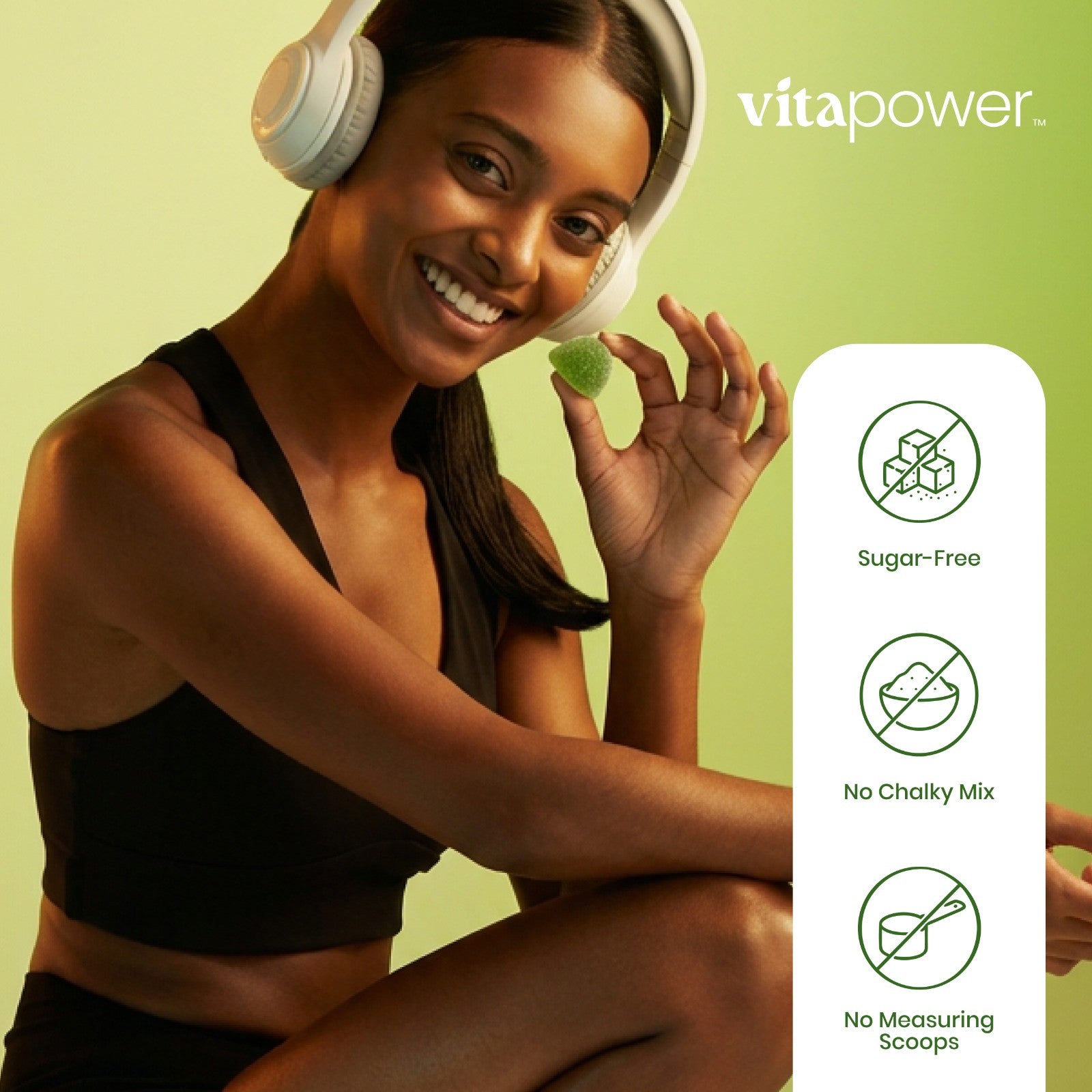 Woman eating VitaPower Tart Green Apple Creatine Gummies
