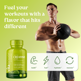 A man holding a black medicine ball against a light green background, next to a green bottle of vitapower Creatine Gummies. Large white text at the top reads 'Fuel your workouts with a flavor that hits different'.