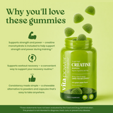 VitaPower by Vita Globe Creatine gummies bottle, tart green apple, with benefit text