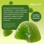 VitaPower Sugar-Free Creatine gummies, tart green apple flavor, on a light green background