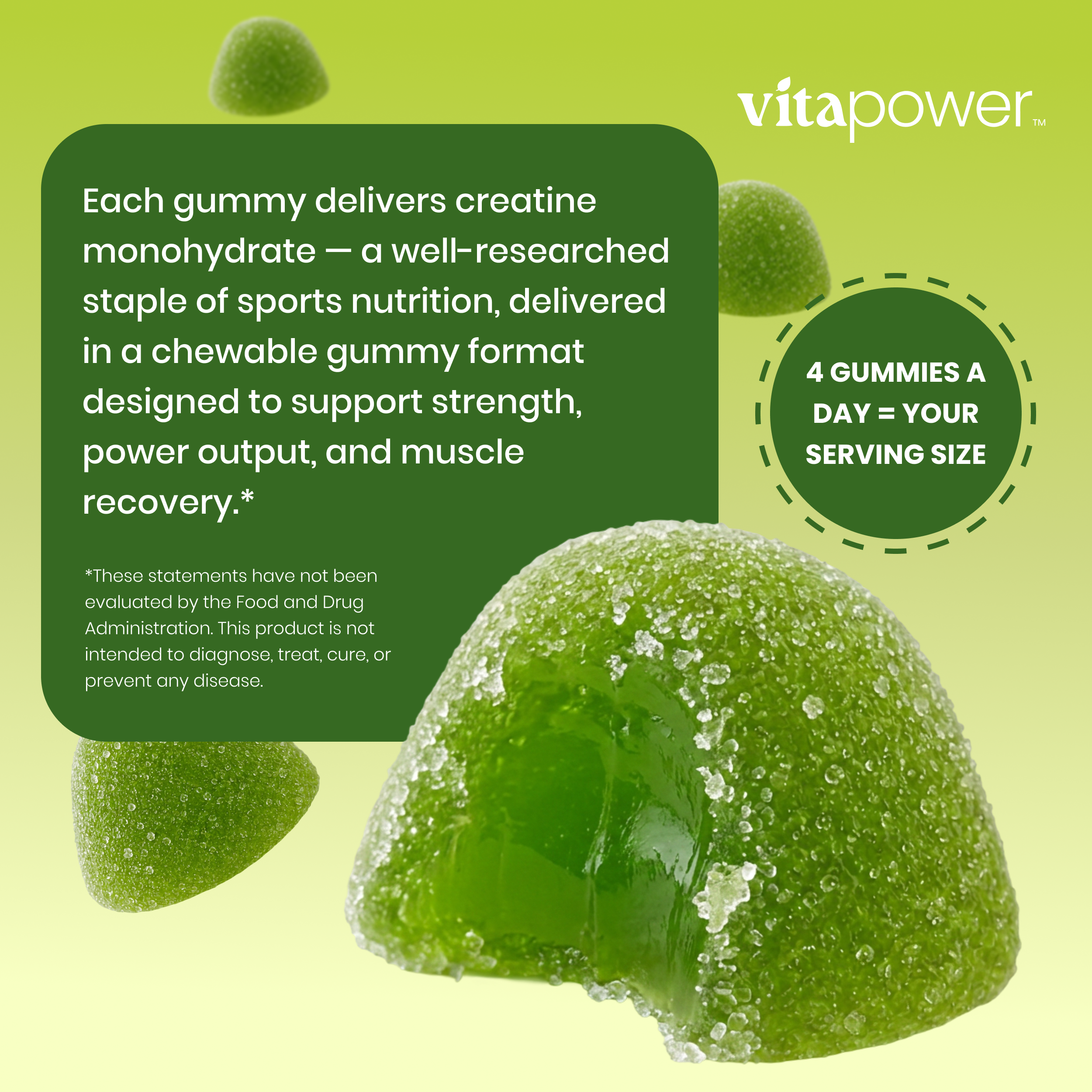 VitaPower Sugar-Free Creatine gummies, tart green apple flavor, on a light green background