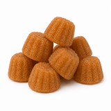 A pile of small, textured, fluted orange-brown gummy candies on a clean white background.