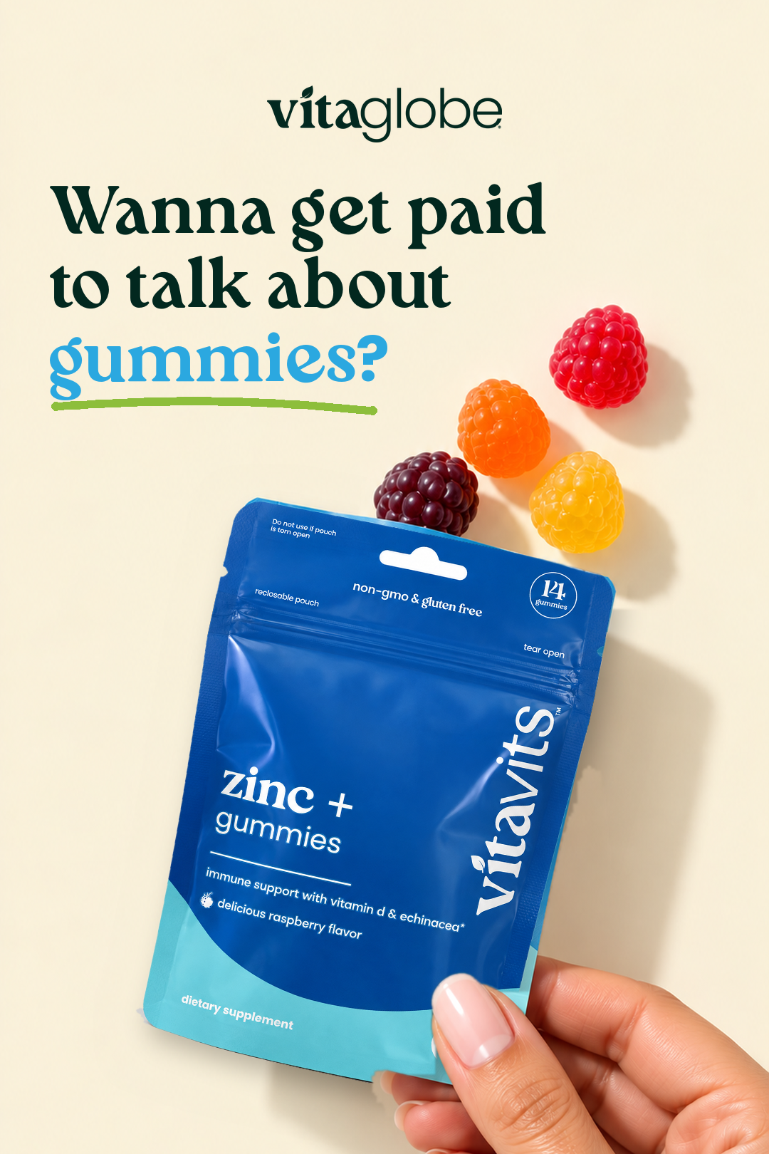 Wanna get paid to talk about gummies? Vita Globe ambassador program with vitavits Zinc+ pouch