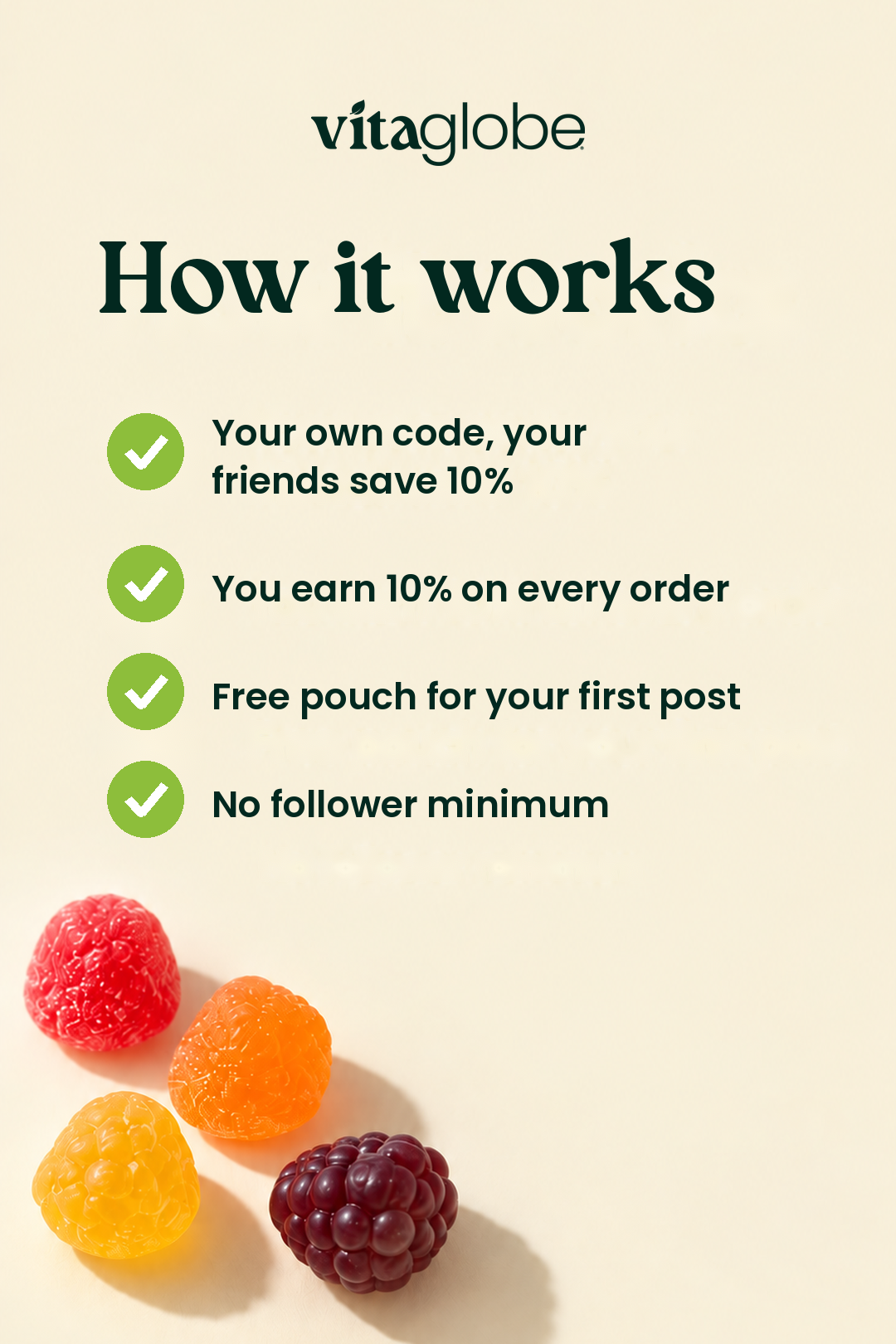 How the Vita Globe ambassador program works: your own code, earn 10%, free pouch, no follower minimum