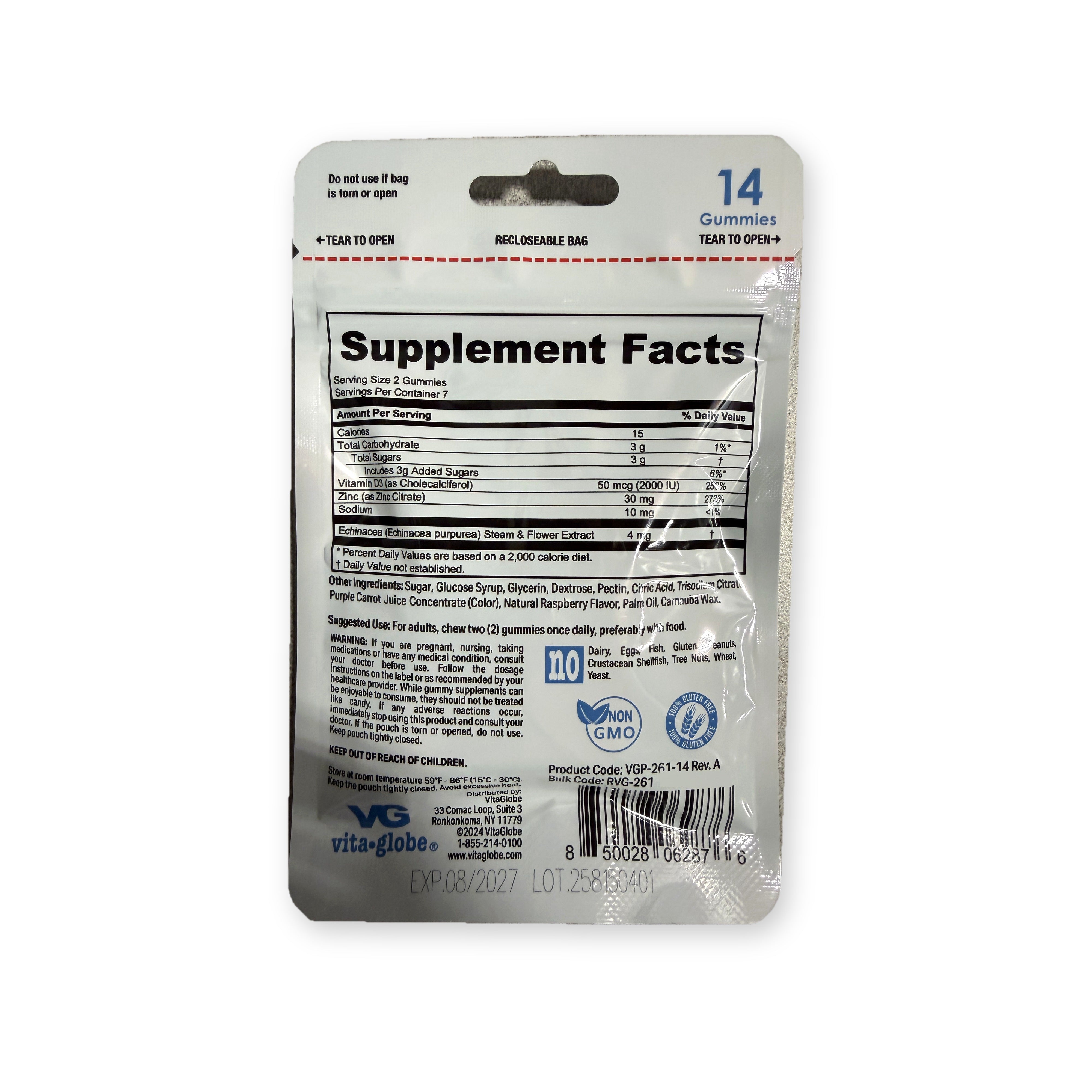 Back of Vita Globe Zinc pouch with Supplement Facts: 30 mg zinc, 2,000 IU vitamin D, 4 mg echinacea per serving