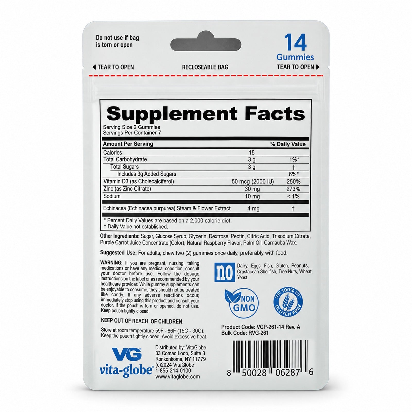 Back of Vita Globe Zinc pouch with Supplement Facts: 30 mg zinc, 2,000 IU vitamin D, 4 mg echinacea per serving