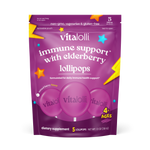 Purple package of vitalolli immune support lollipops with elderberry flavor on a white background