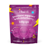 Purple package of vitalolli immune support lollipops with elderberry flavor on a white background
