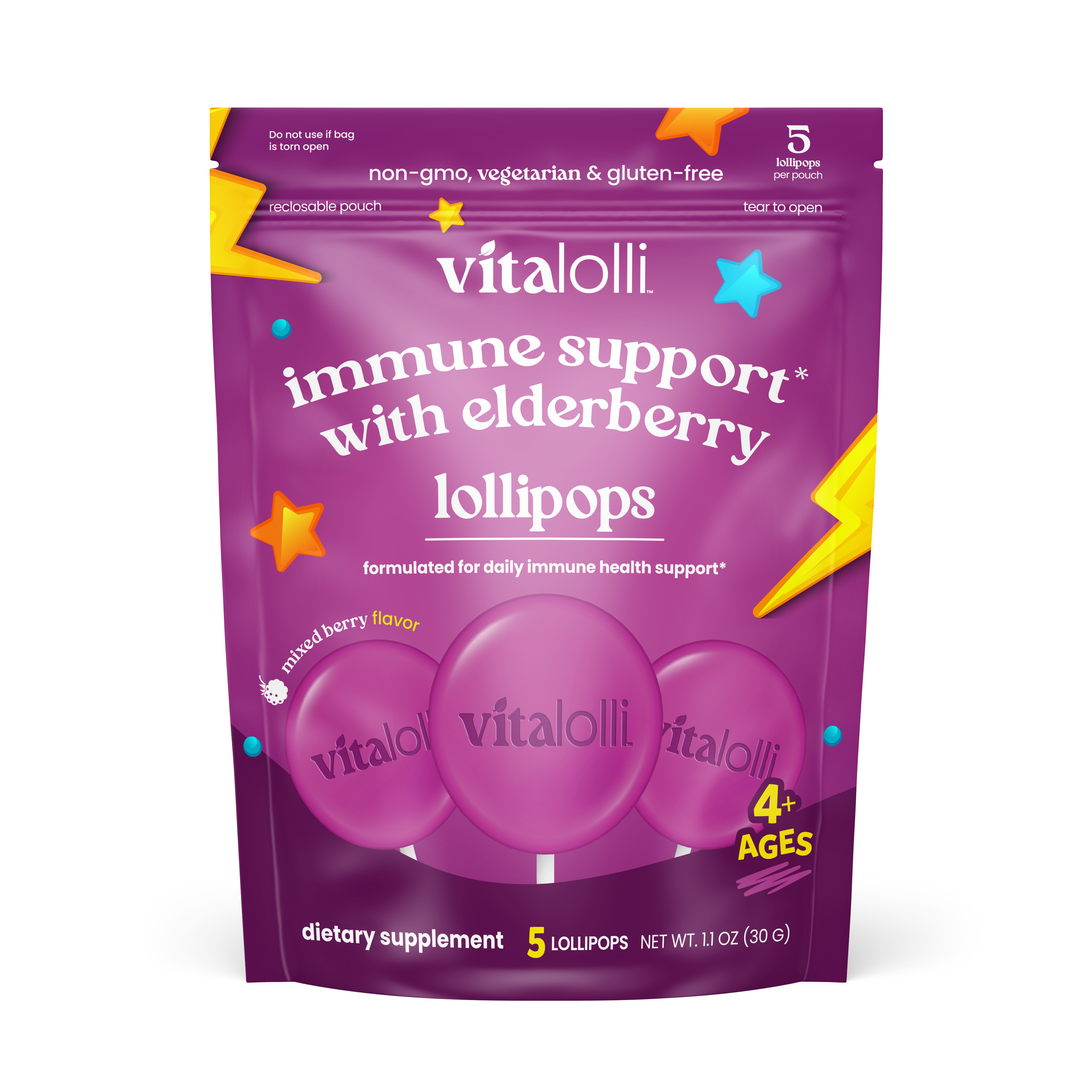 Purple package of vitalolli immune support lollipops with elderberry flavor on a white background