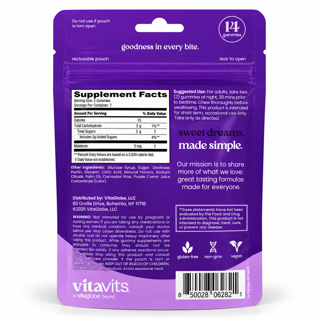 Back of vitavits Melatonin pouch with Supplement Facts: 5 mg melatonin per 2-gummy serving, 7 servings