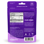 Back of vitavits Melatonin pouch with Supplement Facts: 5 mg melatonin per 2-gummy serving, 7 servings