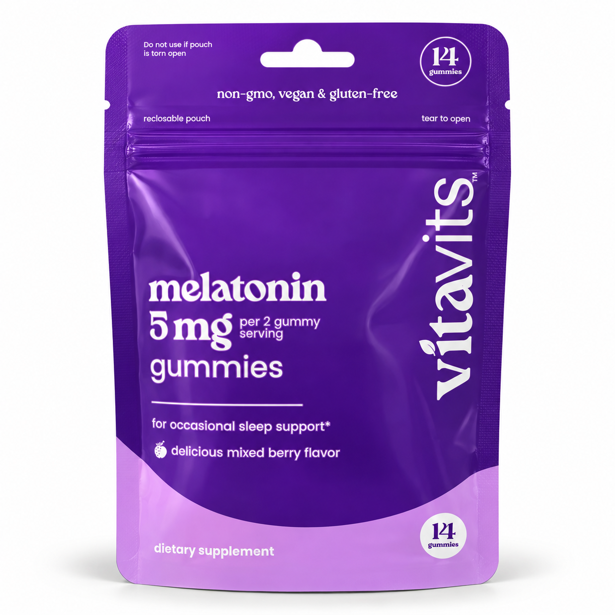 vitavits Melatonin 5mg Gummies 14-count purple travel pouch, mixed berry flavor, a Vita Globe brand