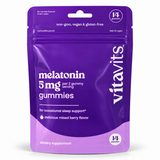 vitavits Melatonin 5mg Gummies 14-count purple travel pouch, mixed berry flavor, a Vita Globe brand