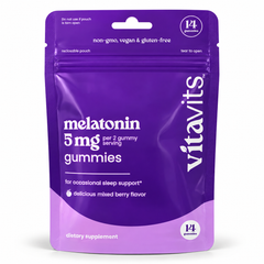 vitavits Melatonin 5mg Gummies 14-count purple travel pouch, mixed berry flavor, a Vita Globe brand