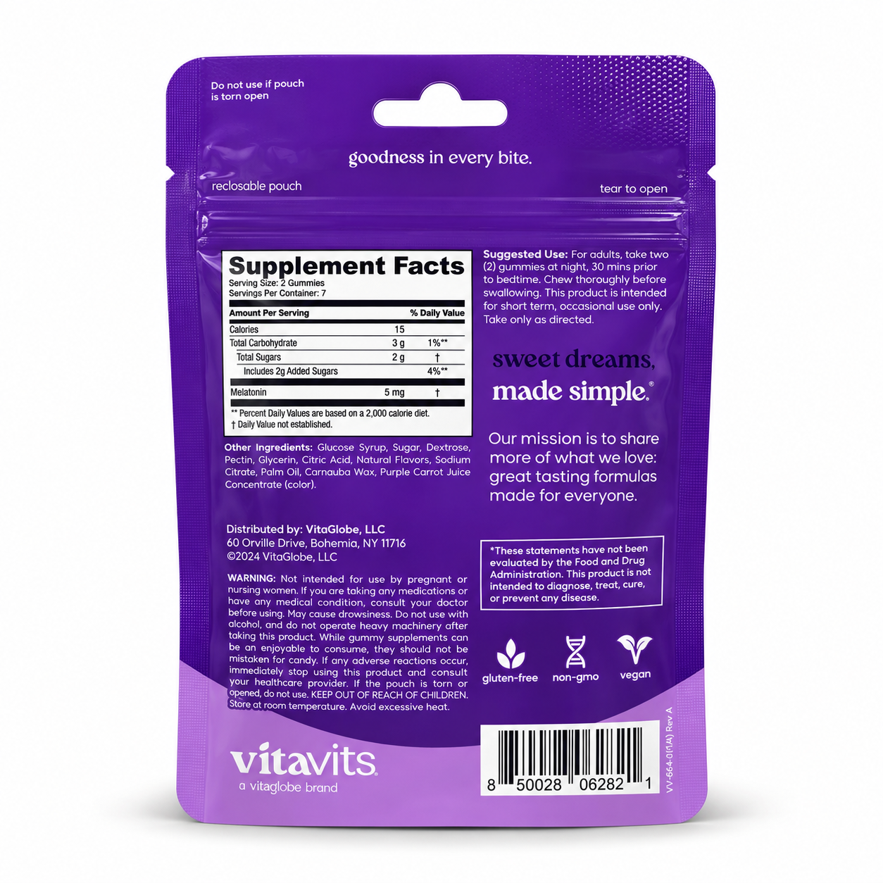 Back of vitavits Melatonin pouch with Supplement Facts: 5 mg melatonin per 2-gummy serving, 7 servings