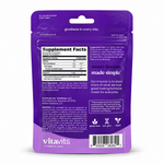 Back of vitavits Melatonin pouch with Supplement Facts: 5 mg melatonin per 2-gummy serving, 7 servings