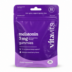 vitavits Melatonin 5mg Gummies 14-count purple travel pouch, mixed berry flavor, a Vita Globe brand