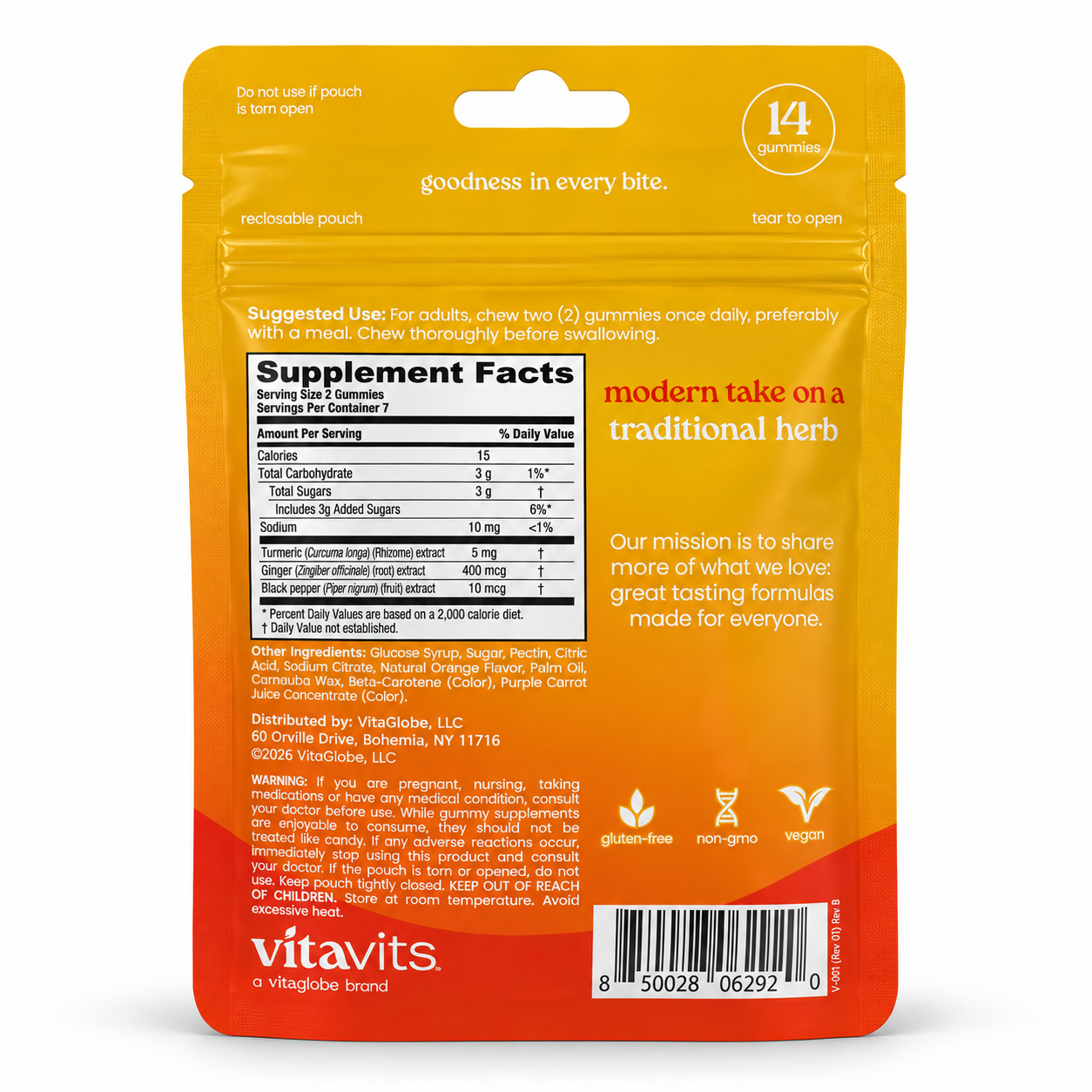 Back of vitavits Turmeric pouch with Supplement Facts: turmeric, ginger and black pepper extracts per 2-gummy serving