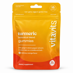 vitavits Turmeric Botanical Blend Gummies 14-count orange travel pouch with ginger and black pepper, a Vita Globe brand