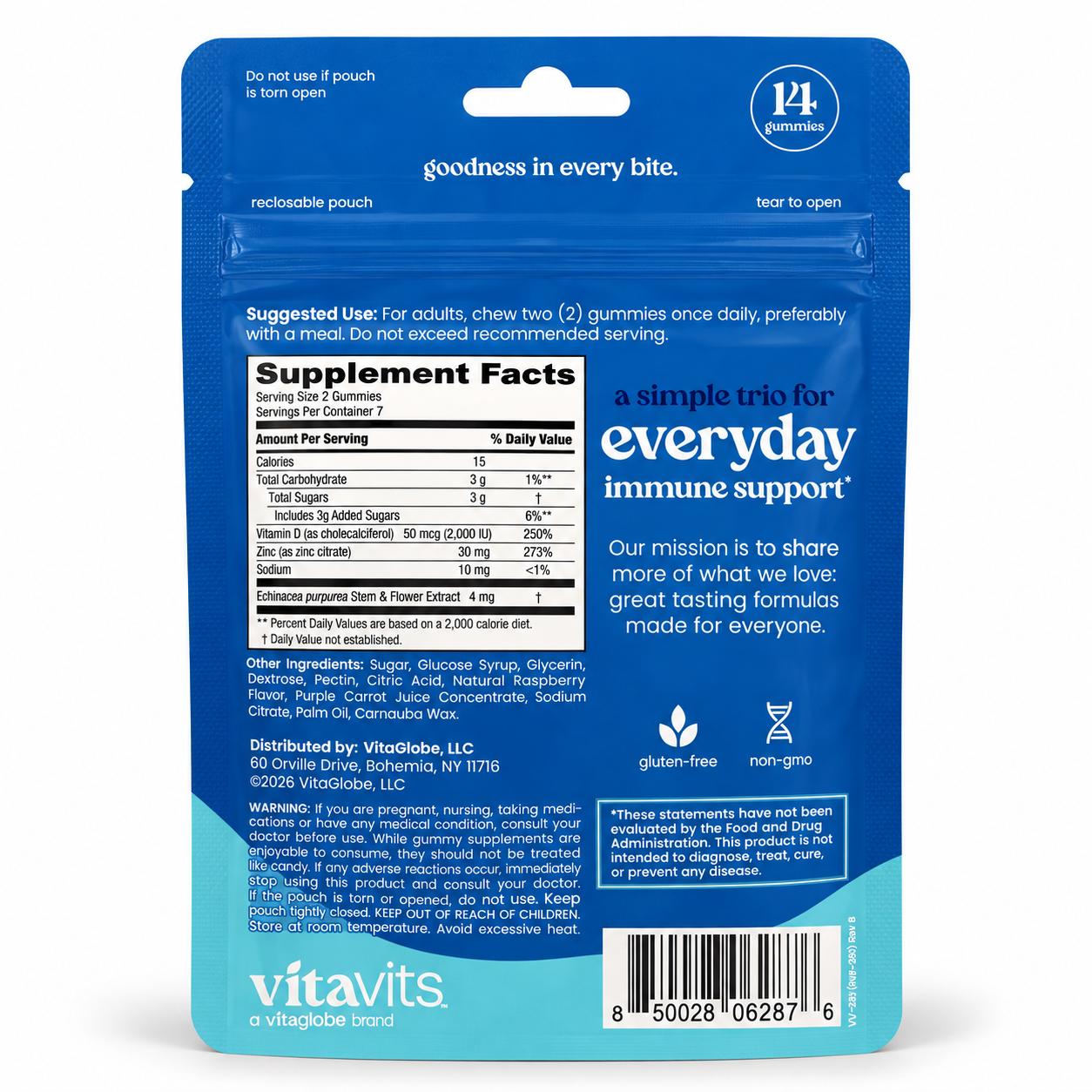 Back of vitavits Zinc + pouch with Supplement Facts: 30 mg zinc, 2,000 IU vitamin D, 4 mg echinacea per 2-gummy serving