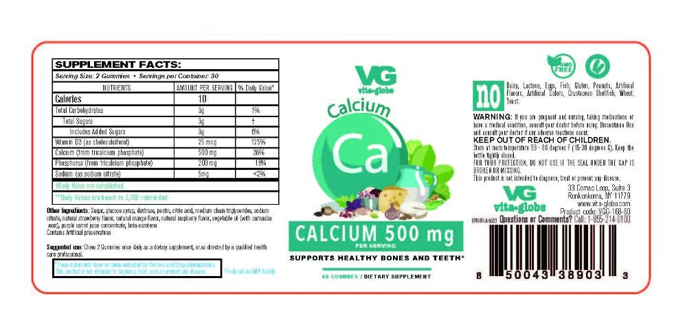 Vita Globe Calcium 500mg Gummy Vitamins Supplement Facts
